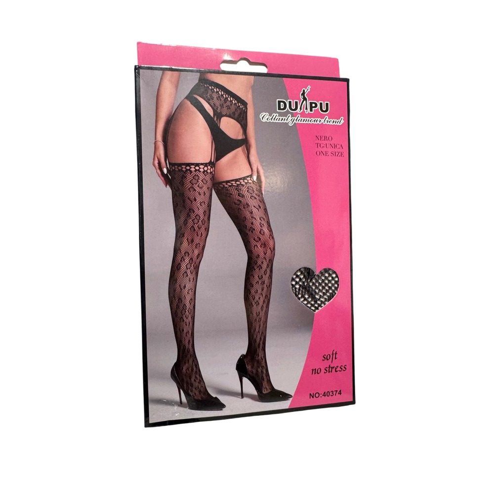 Duapu Nero Black Leopard Fishnet Stockings One Size No Stress Hosiery 40374